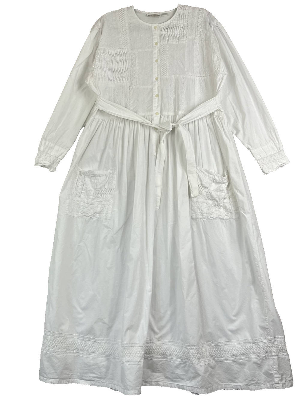 Dressed in White LDS Temple Dress XL Maxi Shirt Dress Textured Embroidered Tie